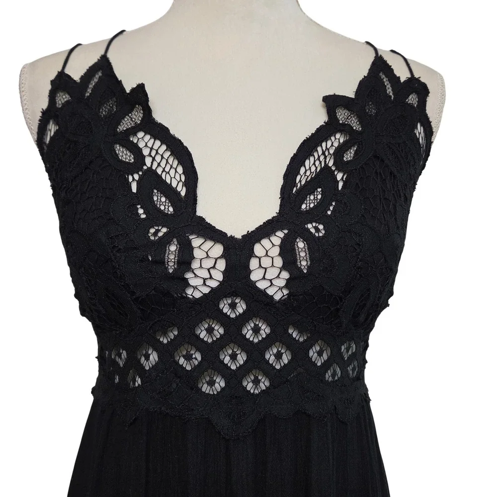 Free People FP One Adella Slip Crochet Lace Black Mini Dress L Tiered Ruffle NEW